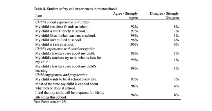 Table 8. Student safety and experiences in microschools